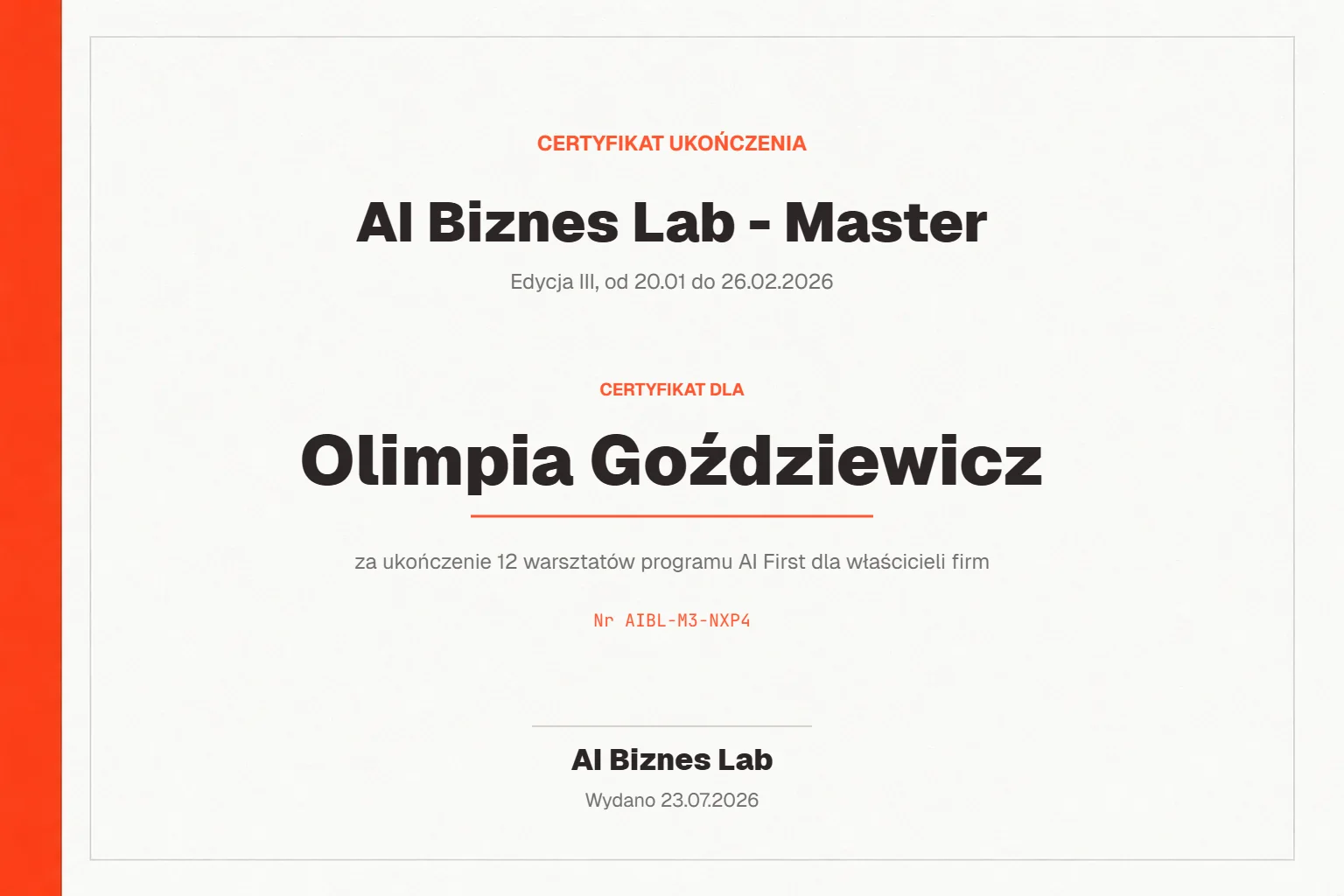 Certyfikat AI Biznes Lab Master dla Olimpii Goździewicz