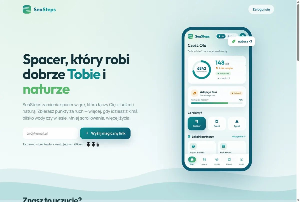 Strona startowa aplikacji SeaSteps — hasło Spacer, który robi dobrze Tobie i naturze