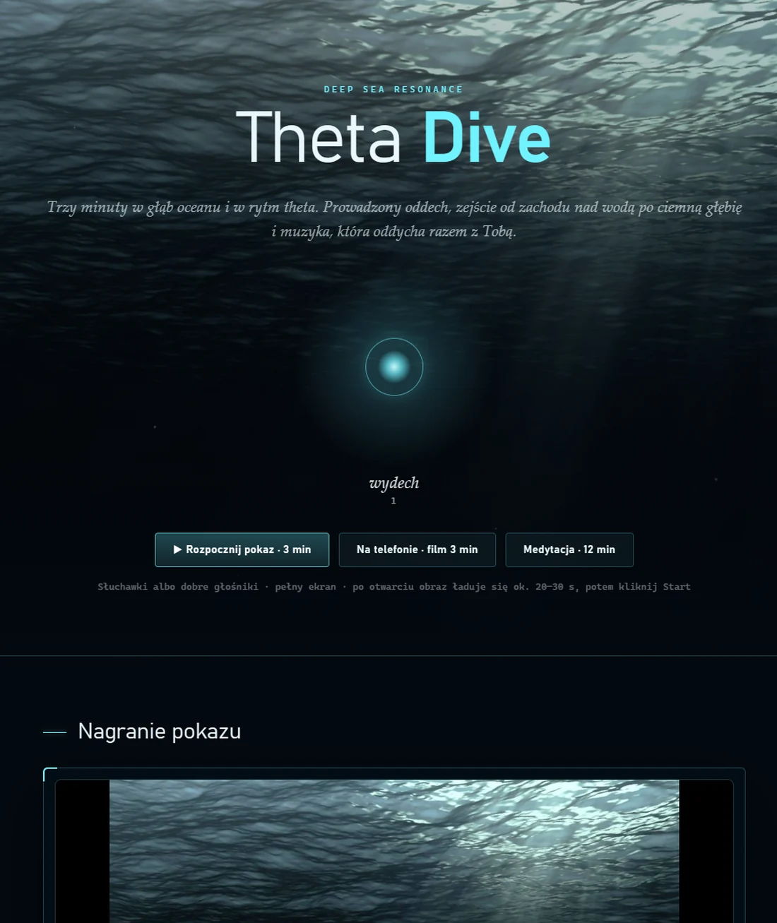 Strona Theta Dive: tytuł na tle głębin, przycisk rozpoczęcia pokazu, nagranie i opis trzech etapów zejścia