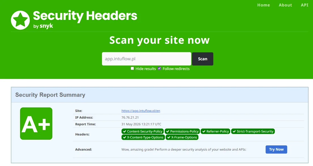 Raport Security Headers dla app.intuflow.pl z oceną A+