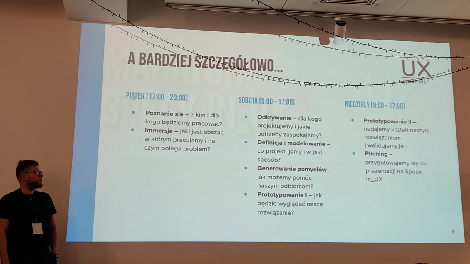Slajd z planem maratonu na trzy dni, z logo UX