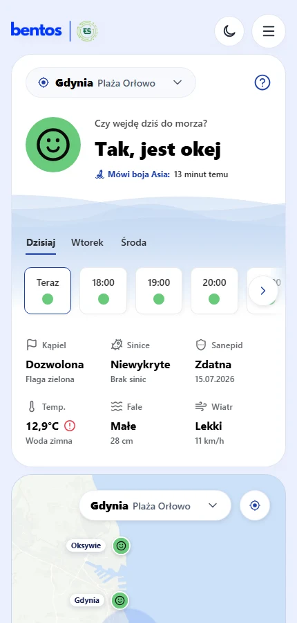 Finalna wersja prototypu Bentos na telefonie: Czy wejdę dziś do morza? Tak, jest okej, pod spodem godziny i parametry wody